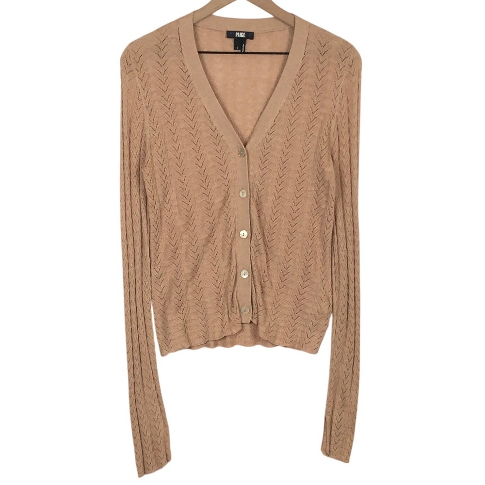 PAIGE Pointelle Knit Cotton Silk Blend Cardigan Sweater Sz S Tan Camel Ltwght